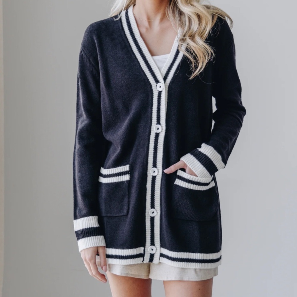 Show Me Your MuMu Lambert Black Varsity Stripe Knit Cardigan Preppy Academia